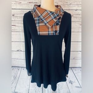 Women’s Small Blouse BlueTime Long Sleeves Black Plaid Trim Collared Soft